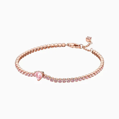 Pulsera De Plata Tenis Corazon Rosa