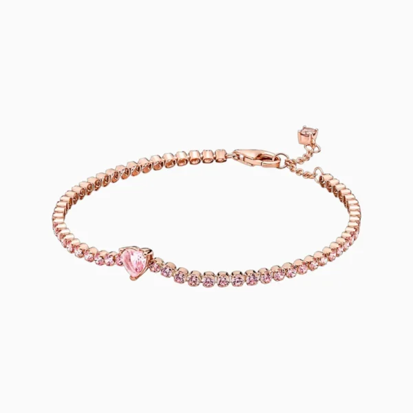Pulsera De Plata Tenis Corazon Rosa