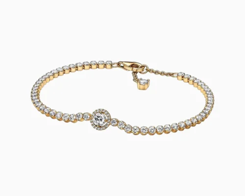 Pulsera De Plata Tenis Halo Dorado
