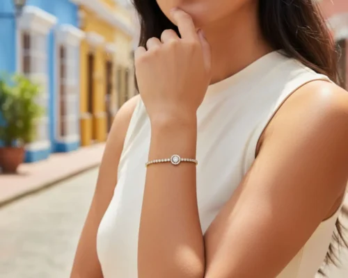 Pulsera De Plata Tenis Halo Dorado