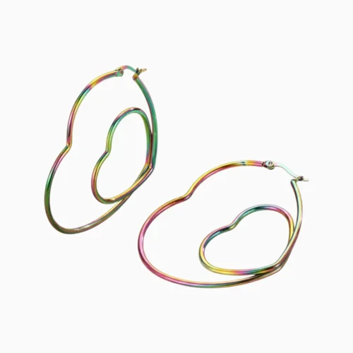 Aretes Arracadas De Acero Corazón Tornasol Doble