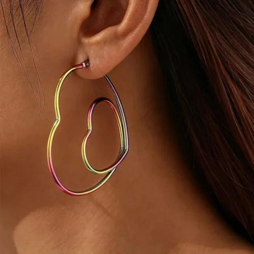 Aretes Arracadas De Acero Corazón Tornasol Doble