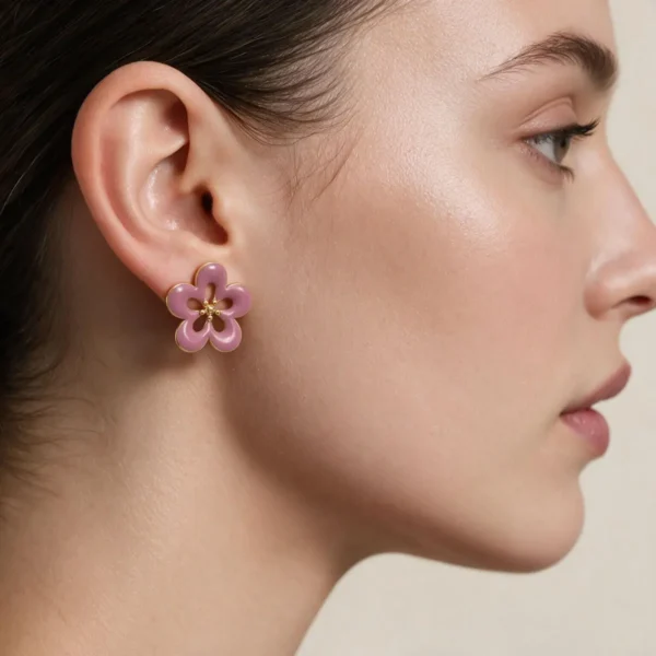 Aretes Broquel De Acero Flor Rosa 1