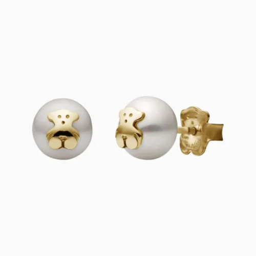 Aretes Broquel De Acero Oso En Perla Dorado