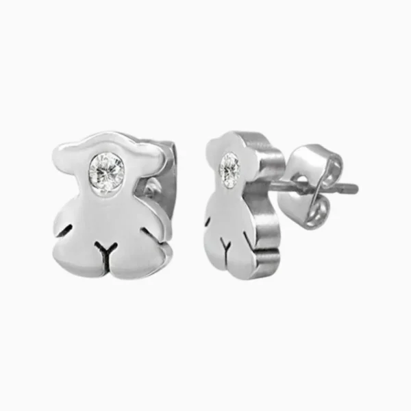 Aretes Broquel De Acero Oso Metálico Plateado