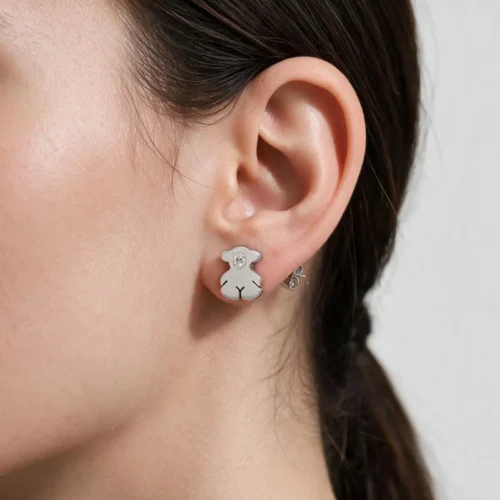 Aretes Broquel De Titanio Oso Metálico Plateado