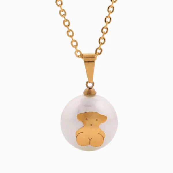Collar De Acero Dije Oso En Perla Dorado