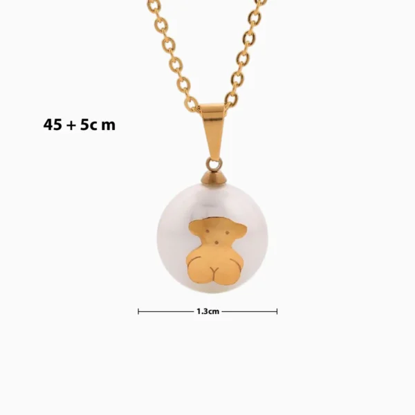 Collar De Acero Dije Oso En Perla Dorado