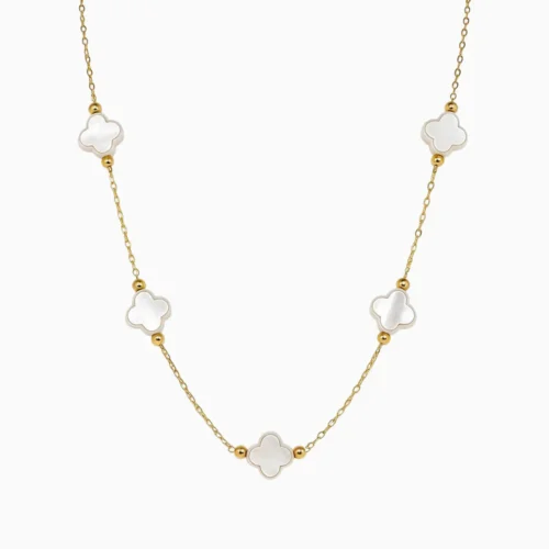 Collar De Acero Trébol Blanco 4 Hojas Dorado