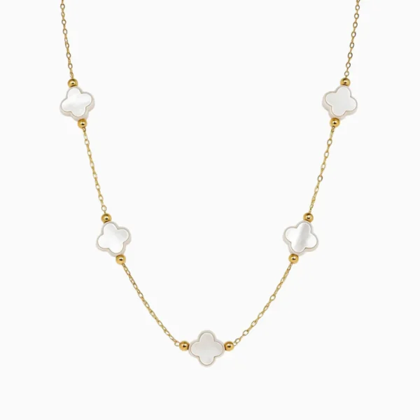 Collar De Acero Trébol Blanco 4 Hojas Dorado