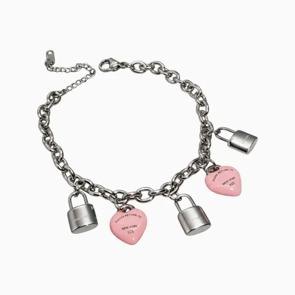 Pulsera De Acero Candados Y Corazones Rosa