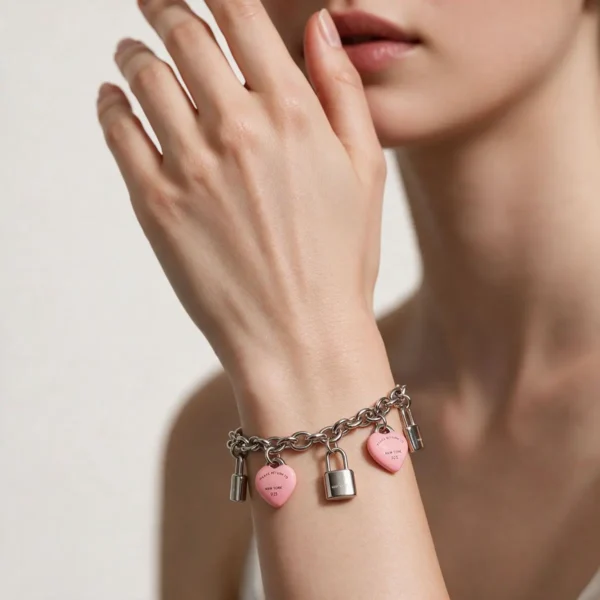 Pulsera De Acero Candados Y Corazones Rosa