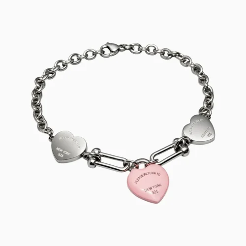 Pulsera De Acero Corazón Rosa Y Placas