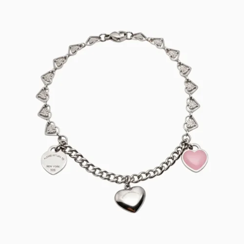 Pulsera De Acero Corazones Y Eslabones Rosa