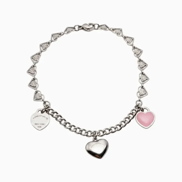 Pulsera De Acero Corazones Y Eslabones Rosa