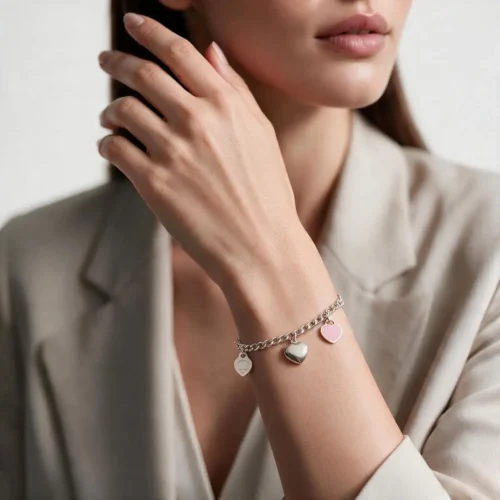 Pulsera De Acero Corazones Y Eslabones Rosa