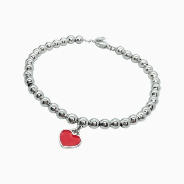 Pulsera De Acero Cuentas Y Placa Roja