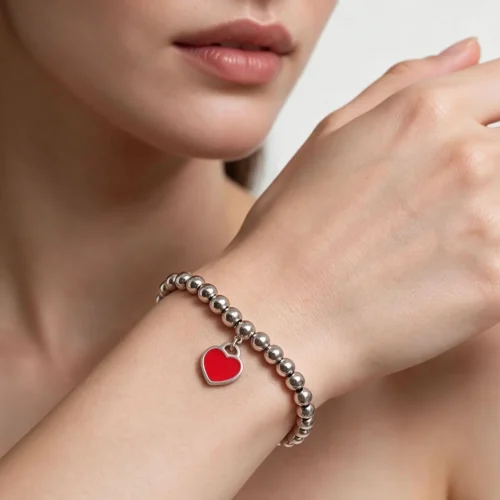 Pulsera De Acero Cuentas Y Placa Roja
