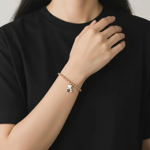 Pulsera De Acero Cuentas Rosa Oso Blanco