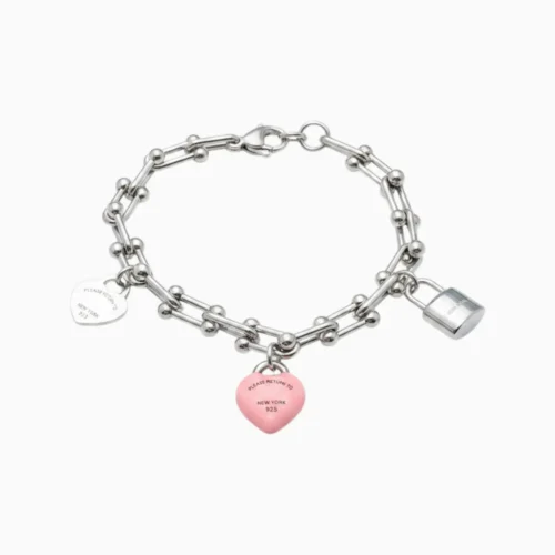 Pulsera De Acero Eslabones Corazón Rosa