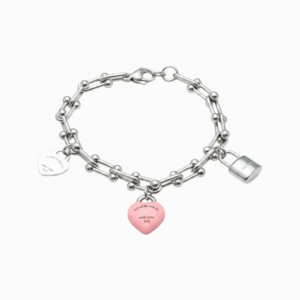 Pulsera De Acero Eslabones Corazón Rosa Pulsera De Acero Eslabones Corazón Rosa