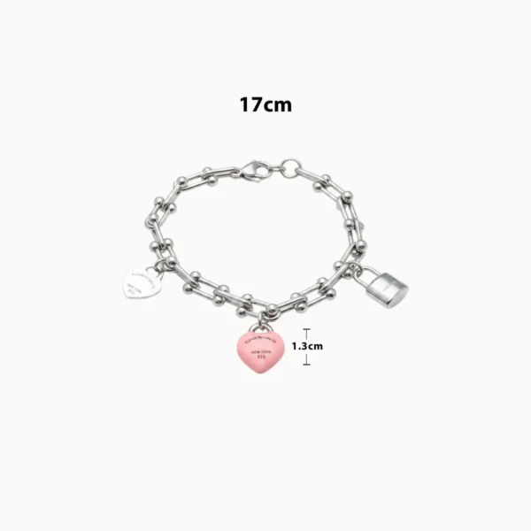 Pulsera De Acero Eslabones Corazón Rosa