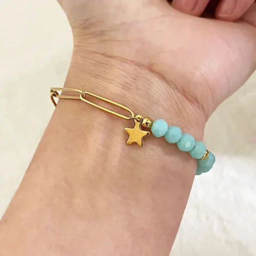 Pulsera De Acero Eslabones Y Cuentas Azul