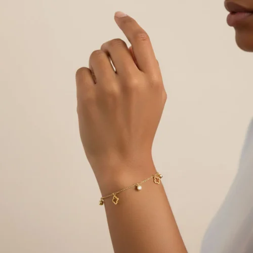 Pulsera De Acero Flor 4 Hojas Silueta Dorado