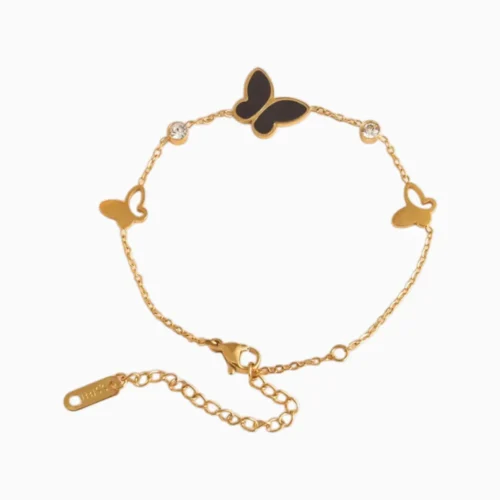 Pulsera De Acero Mariposa Negra Brillante Dorado