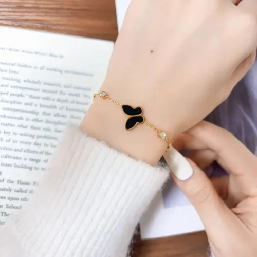 Pulsera De Acero Mariposa Negra Brillante Dorado
