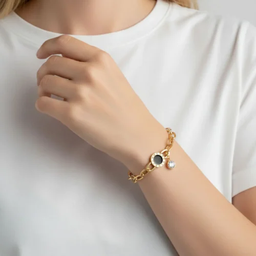 Pulsera De Acero Numeros Romanos Eslabones Dorados