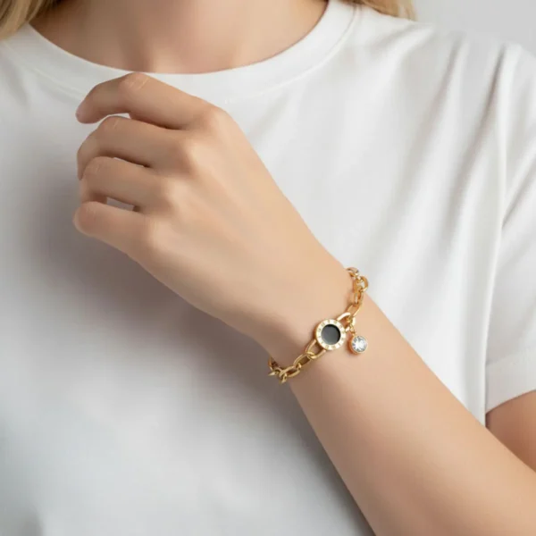 Pulsera De Acero Numeros Romanos Eslabones Dorados