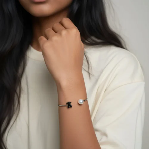 Pulsera De Acero Perla Y Oso Plateado
