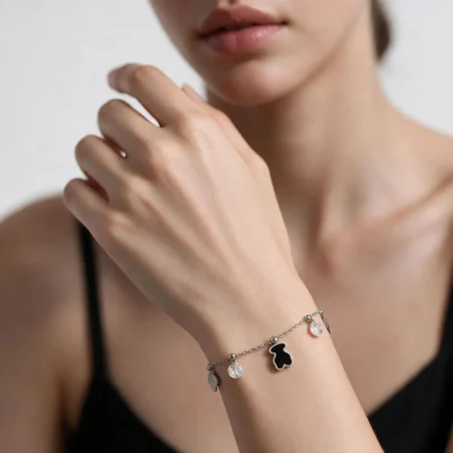 Pulsera De Titanio Oso Negro Plateado