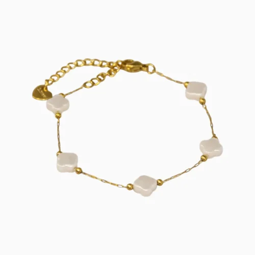 Pulsera De Acero Trébol Blanco 4 Hojas Dorado